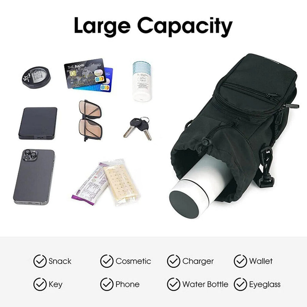 Canvas water bottle pouch with crossbody strap in black, green, or pink colour