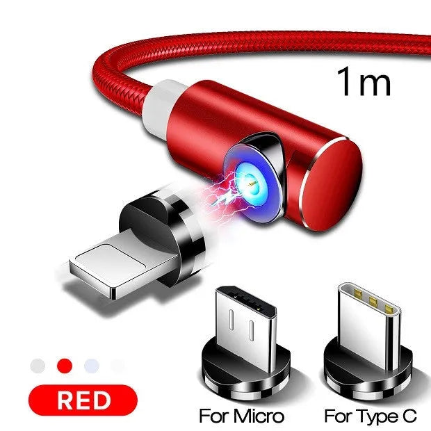 Black magnetic charging cable with aluminium connectors for Micro USB, Type C, and Apple devices.