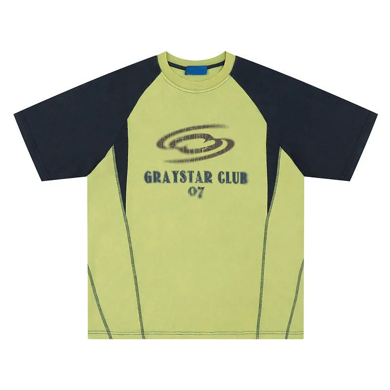 Blue men's hip hop letter print t-shirt with raglan sleeves on a hanger.