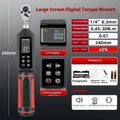 Electronic digital display torque wrench on a workshop bench showing its digital readout.