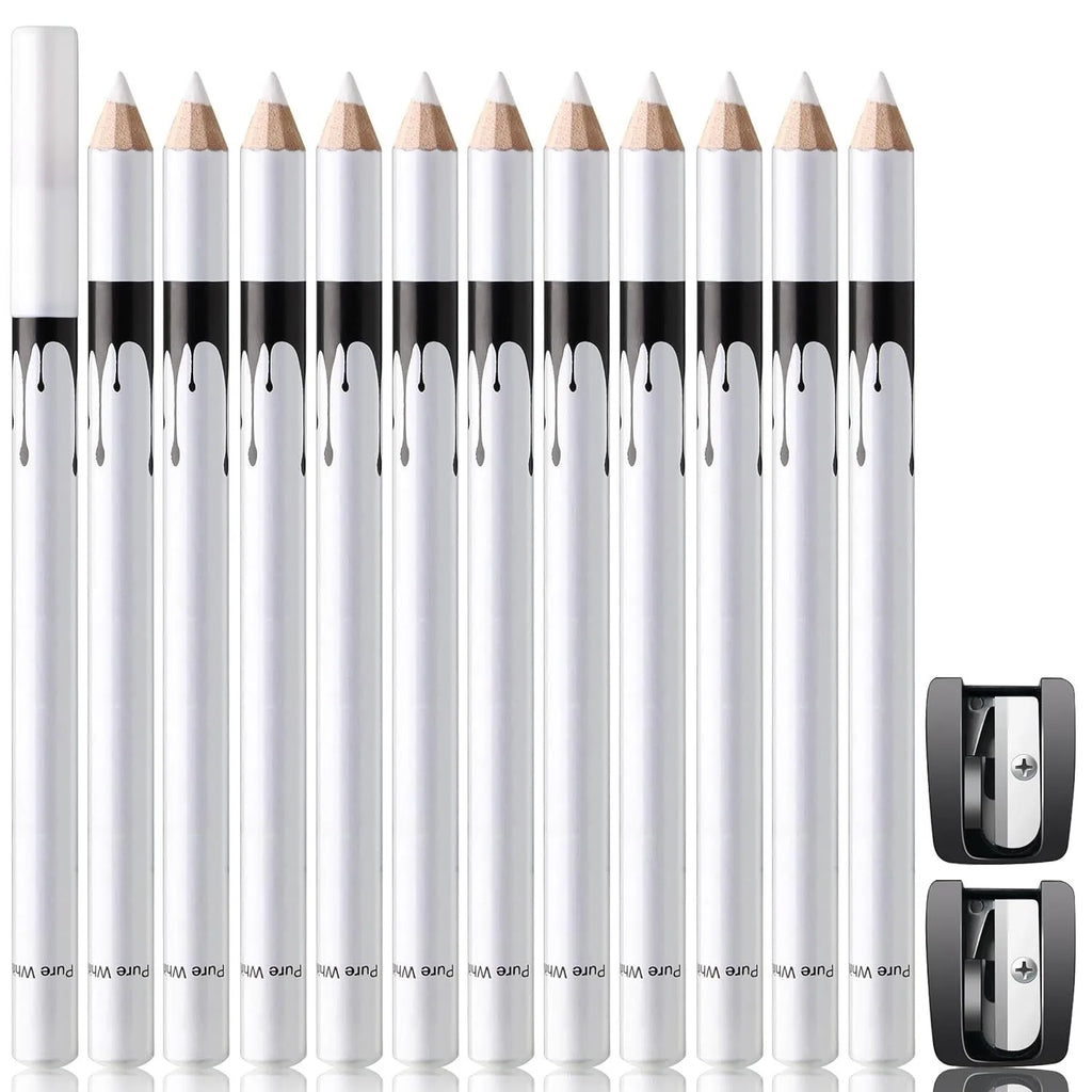 12-piece white and black waterproof eyeliner pencil set with retractable design and sharpener
