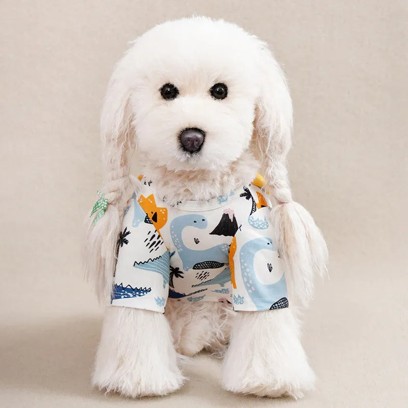 Small dog wearing a solid colour polyester t-shirt, showing the casual fit and full print design.