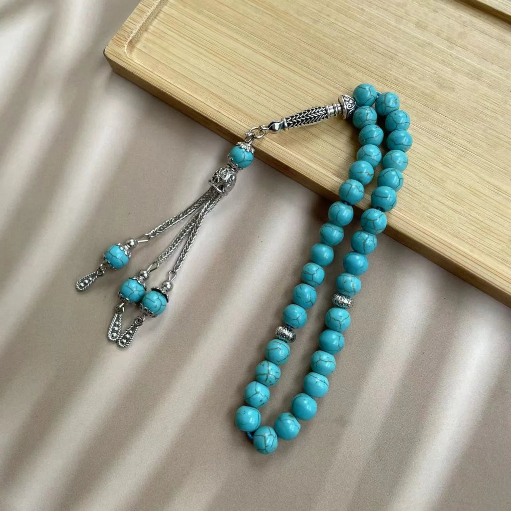Handmade Muslim prayer bracelet with sky blue 8mm stone beads for daily Islamic worship