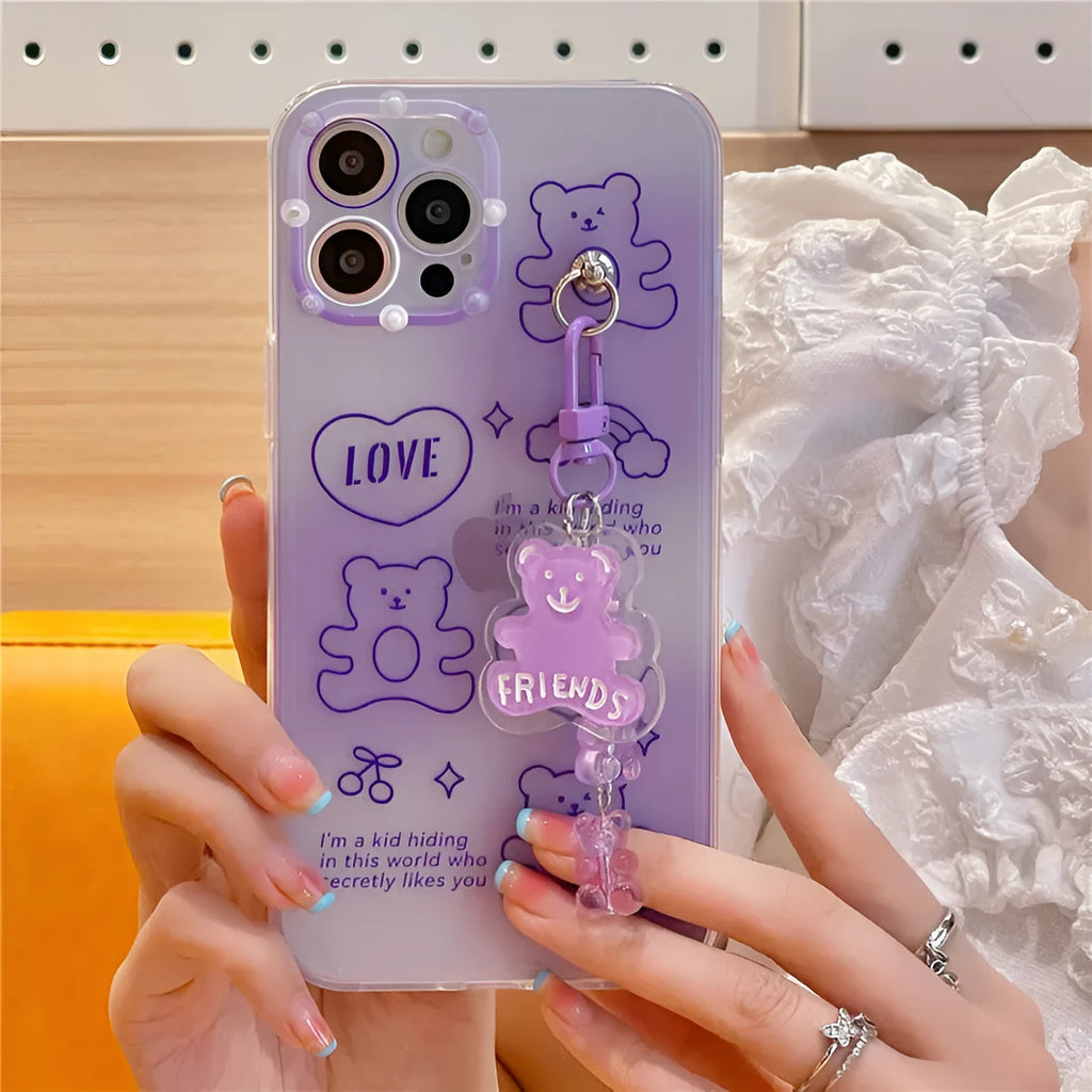 Purple clear gummy bear pendant lanyard TPU phone case for iPhone 12 Pro and iPhone 13