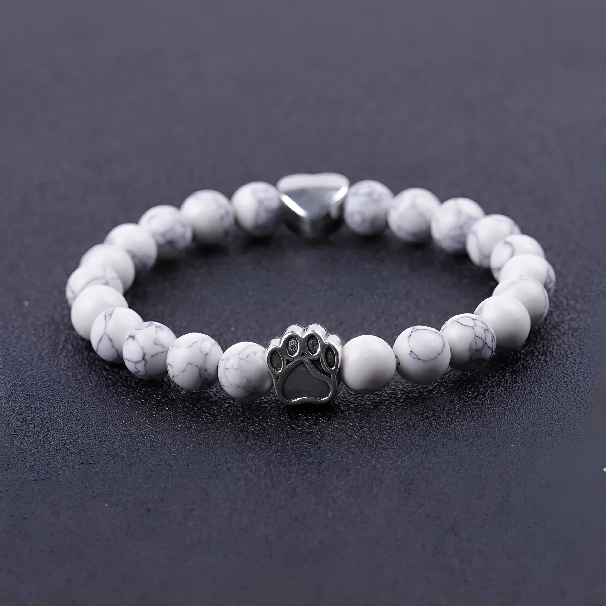 Tigereye Indian agate stone bead bracelet with dog's paw and heart charms in geometric design