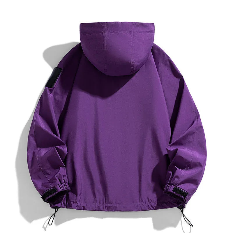 Men's black waterproof windproof hooded jacket made from polyester blend fabric.