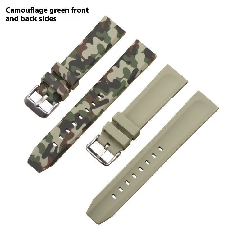 Green camouflage silicone watch strap with flat head lugs, showing 20mm width size.
