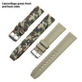 Green camouflage silicone watch strap with flat head lugs, showing 20mm width size.