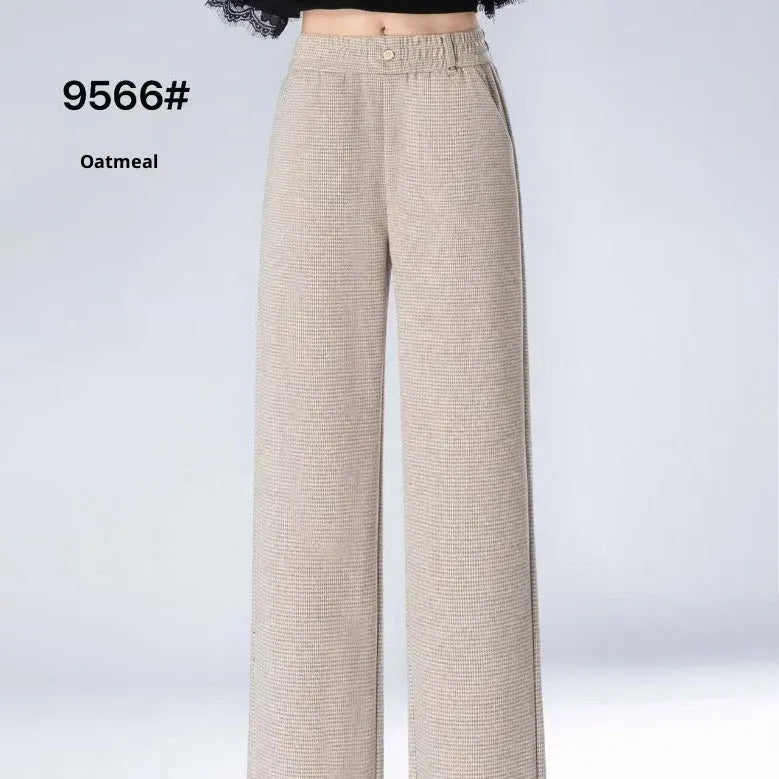 High waist loose straight pants in oatmeal colour with plaid pattern, wool and cashmere blend