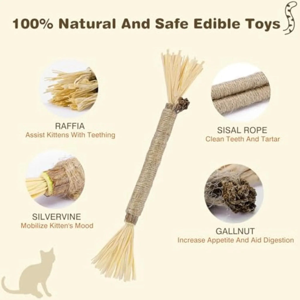 Pack of three natural silvervine chew sticks for cats with sisal rope and raffia texture