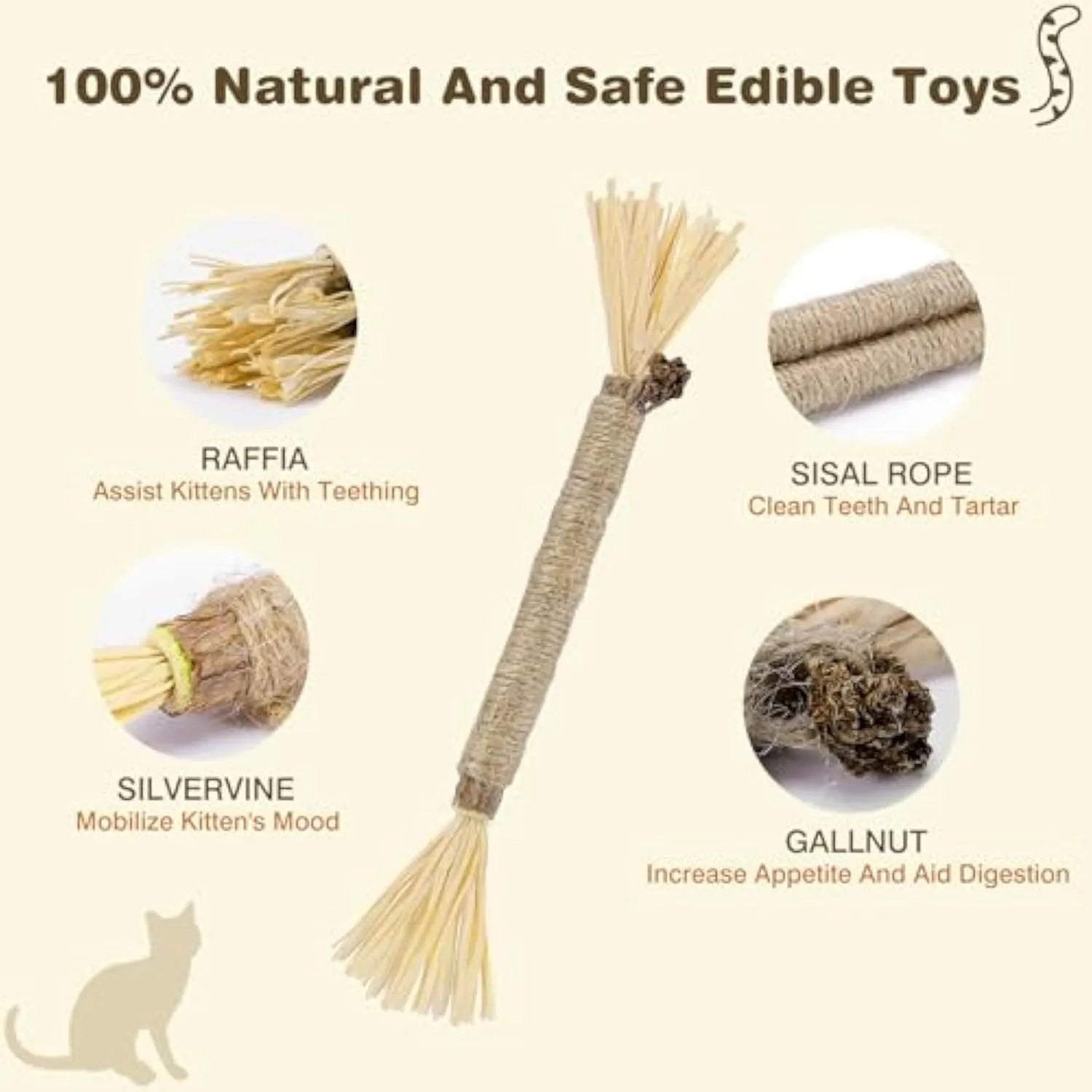 Pack of three natural silvervine chew sticks for cats with sisal rope and raffia texture