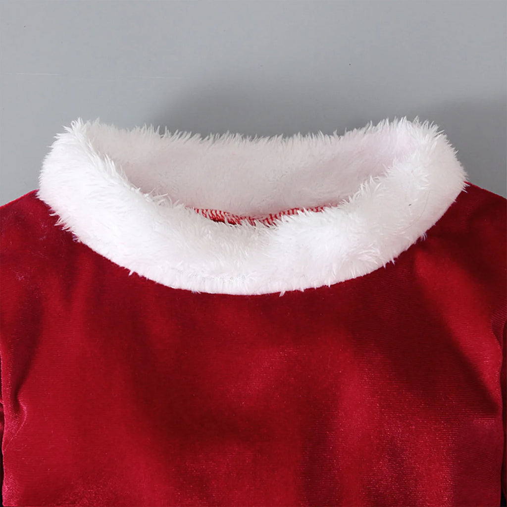 Red Korean velvet children's Christmas three-piece set with shirt, bell bottoms, and hat on display