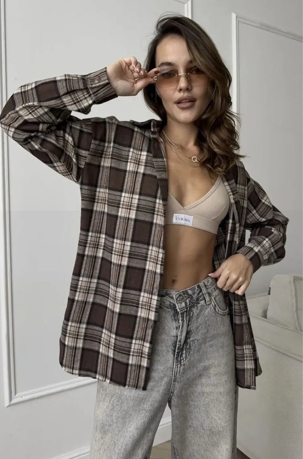 Dark brown striped women's retro style long sleeve shirt with cotton blend fabric.
