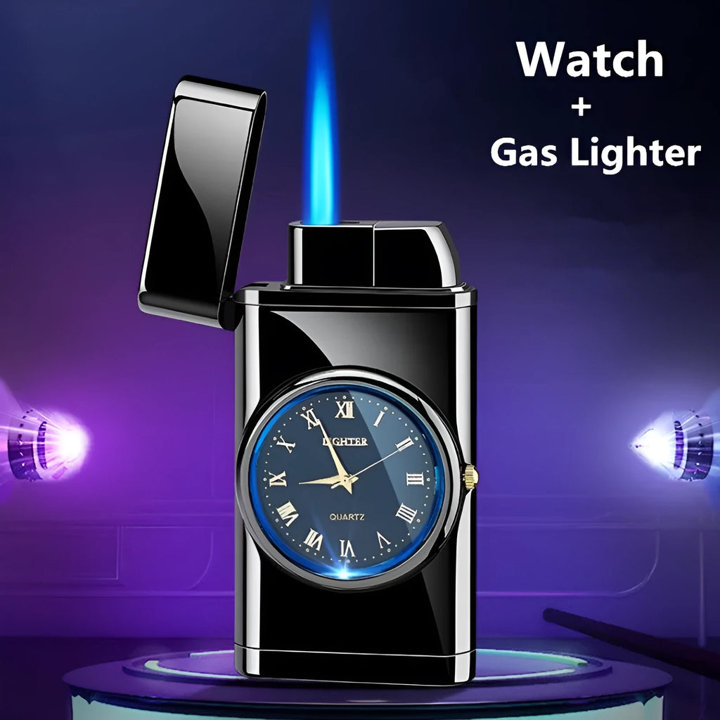 Multifunctional electronic watch and gas lighter with LED lamp in metal casing, shown in various brushed and textured finishes.