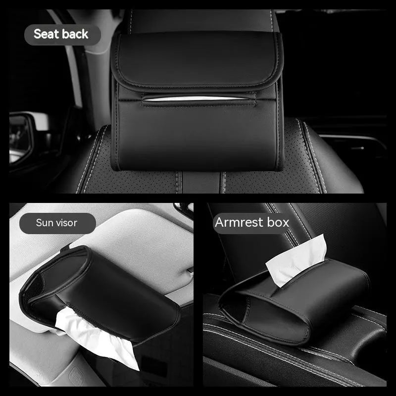 Leather car tissue box with elastic band for sun visor, armrest, or chair back mounting