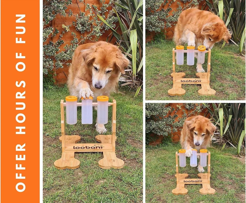 Wooden dog puzzle toy feeder with interactive compartments measuring 31x30x20cm