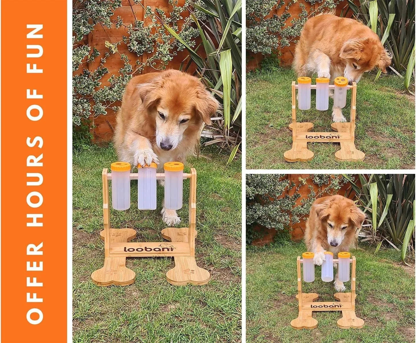 Wooden dog puzzle toy feeder with interactive compartments measuring 31x30x20cm