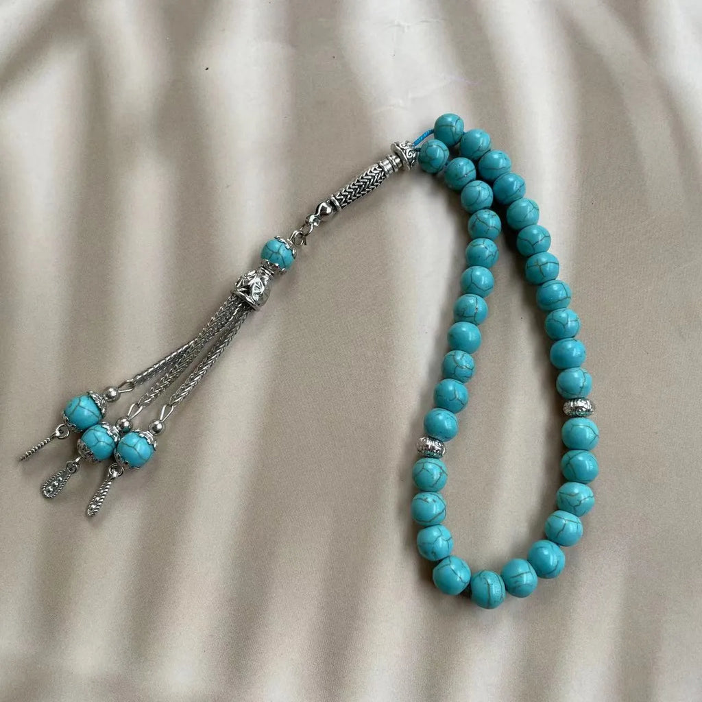 Handmade Muslim prayer bracelet with sky blue 8mm stone beads for daily Islamic worship