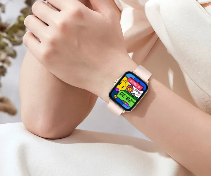 Smart sports watch with blue strap and 1.7-inch colour touch screen displaying time and heart rate.