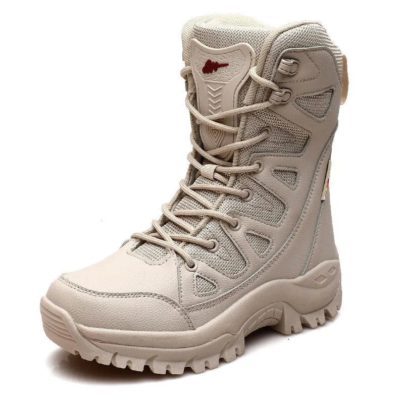 Cowhide leather hi-top hiking shoes with platform soles in beige, black and brown colour options