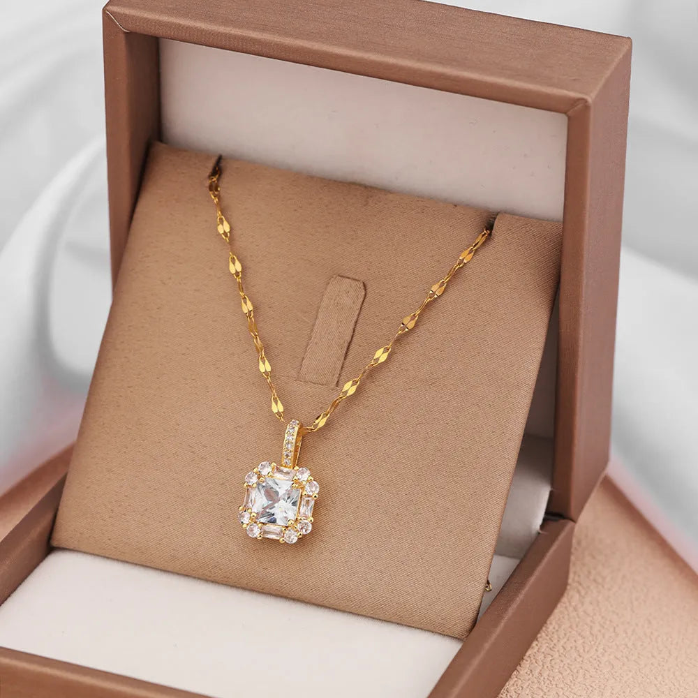 Gold titanium steel clavicle chain with quadrilateral zircon pendant on water wave chain