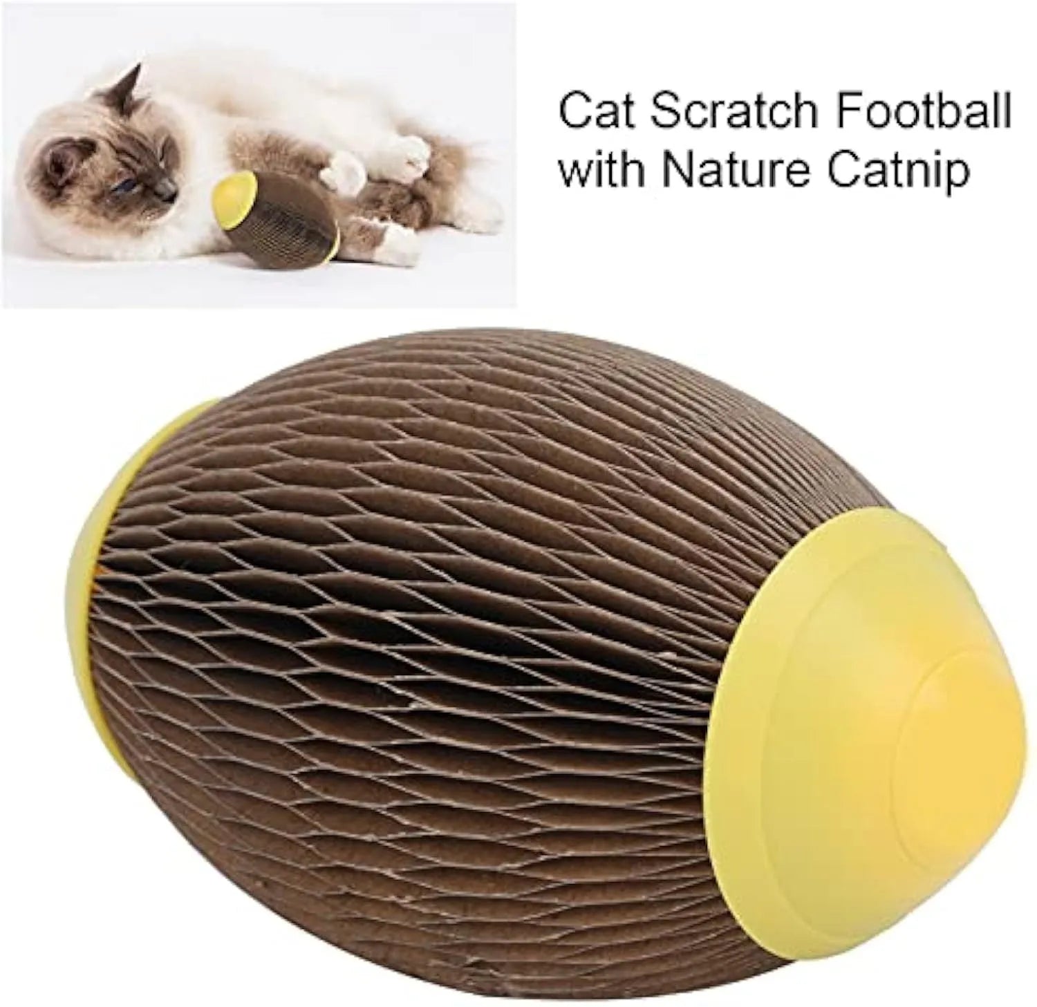 Elliptical football‑shaped cat toy made from brown recycled corrugated paper, shown next to a ball of catnip.