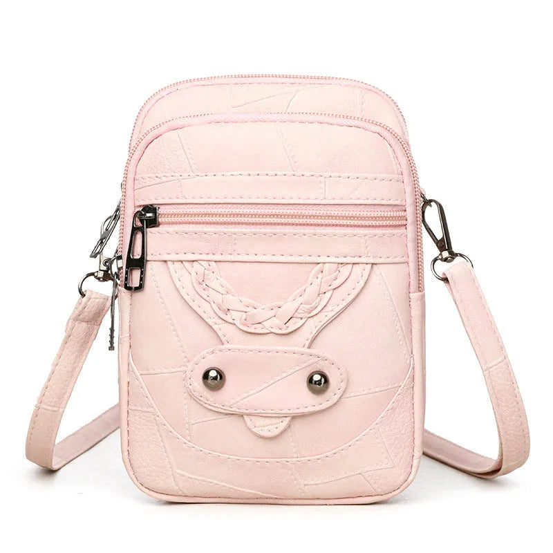 Soft PU leather retro mobile phone bag with weaving, rivets, and splicing in brown, black, pink, or water blue
