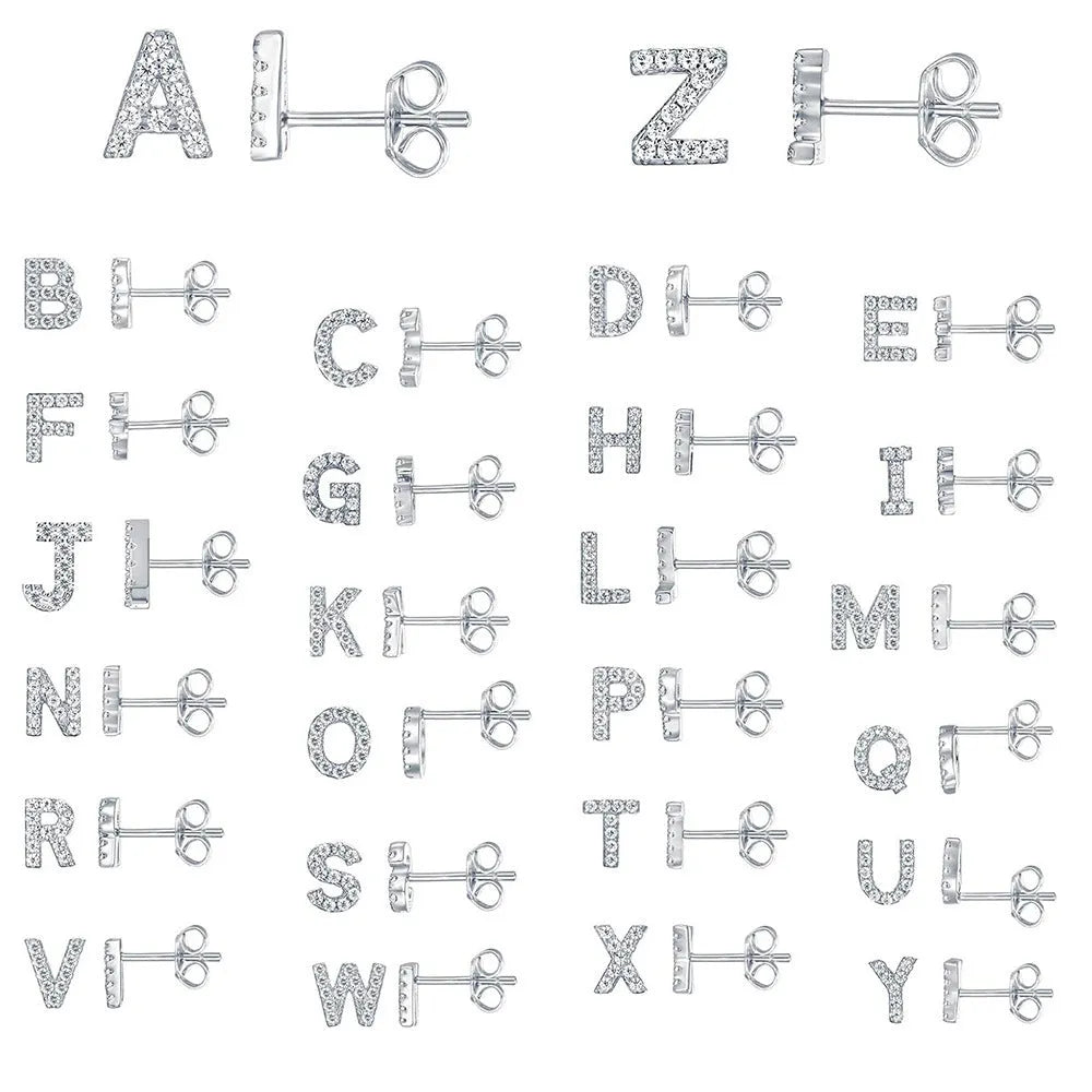 Brass gold plated alphabet letter earrings showing A to Z initial options with diamond treatment on zircon elements
