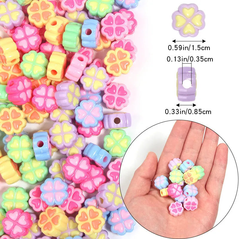 15mm acrylic four-leaf clove beads in light colours including rose red, pink, yellow, green, blue, and purple with frosted finish