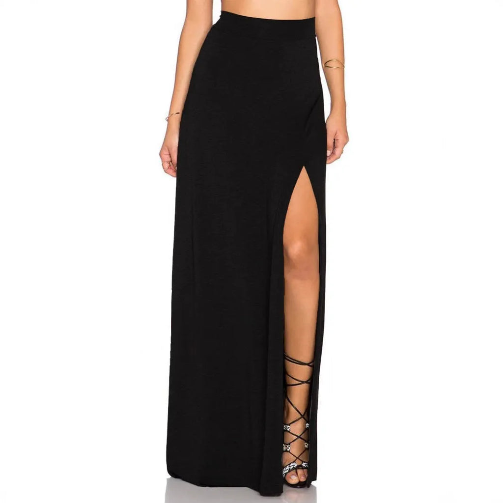 Women's long polyester skirt with side high slit, mid-length, in dark gray navy blue brown or black, sizes S to XL