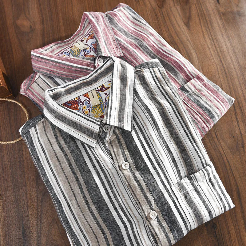 Men's striped linen shirt in red or grey with long sleeves and loose fit