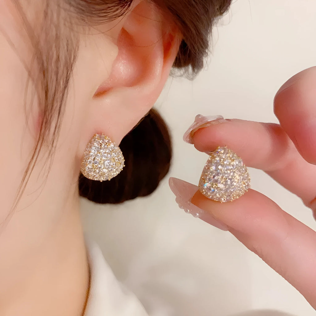 Silver zircon water droplet drop shape earrings for women copper base with thick real gold plating