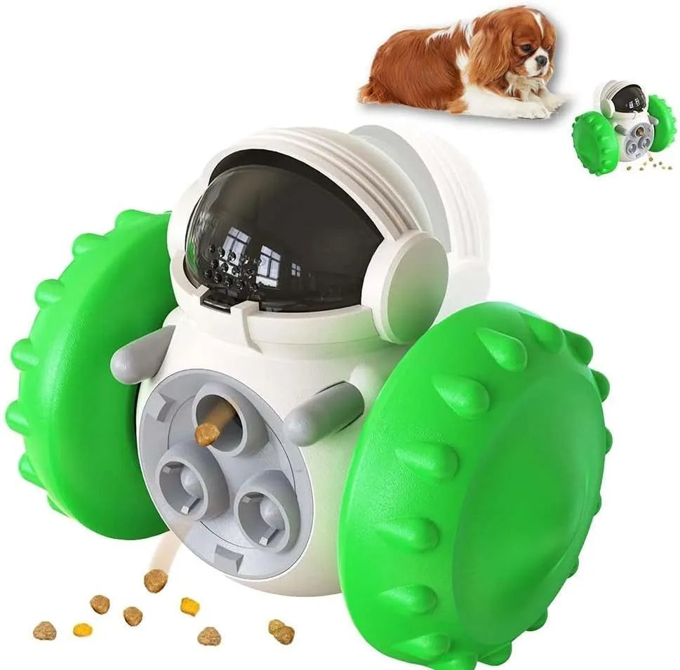 Robot-designed self-balancing dog treat dispenser toy for small pets showing dimensions