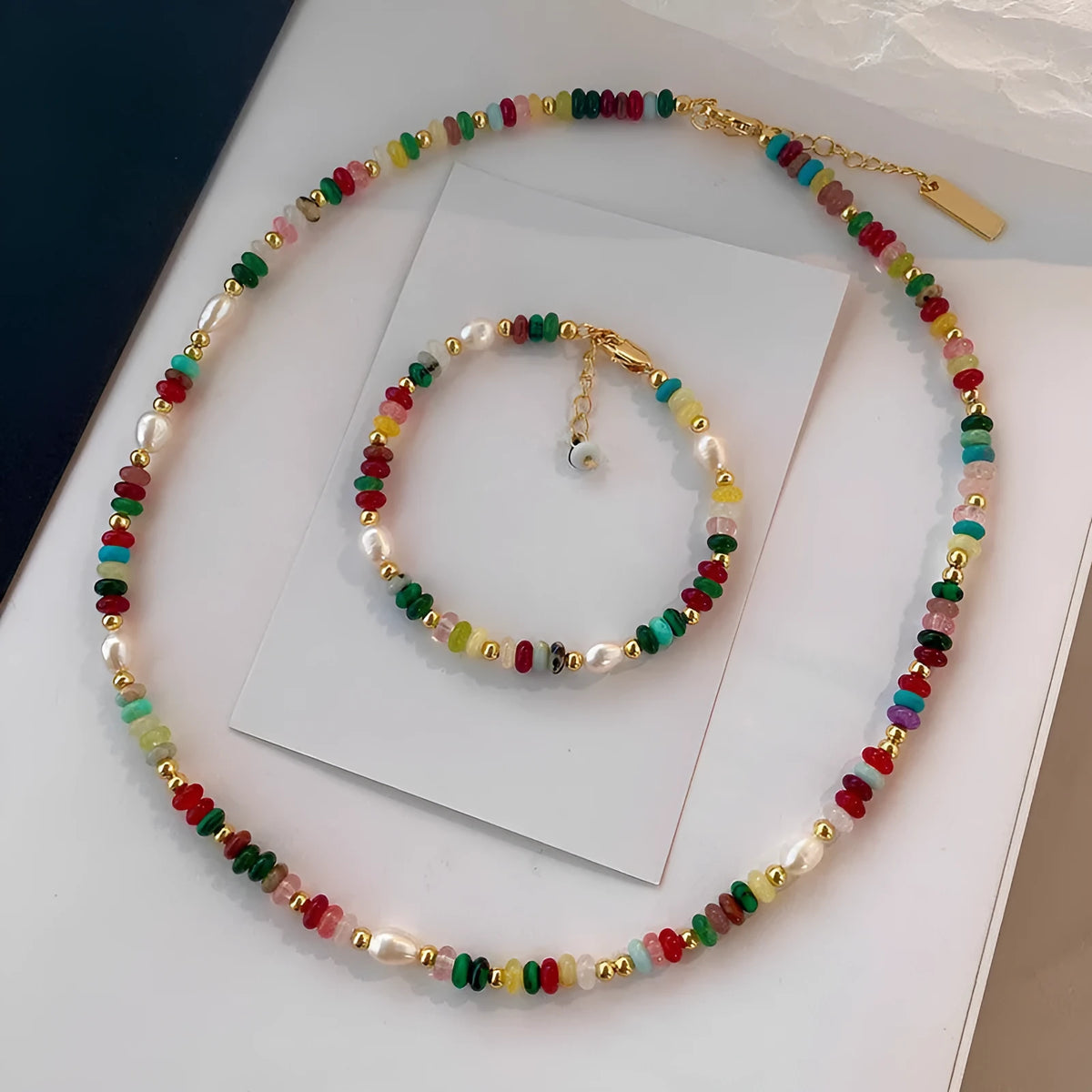 Mixed material dopamine beaded necklace and bracelet set with natural stone, freshwater pearl, glass, resin beads, and mother of pearl pendant