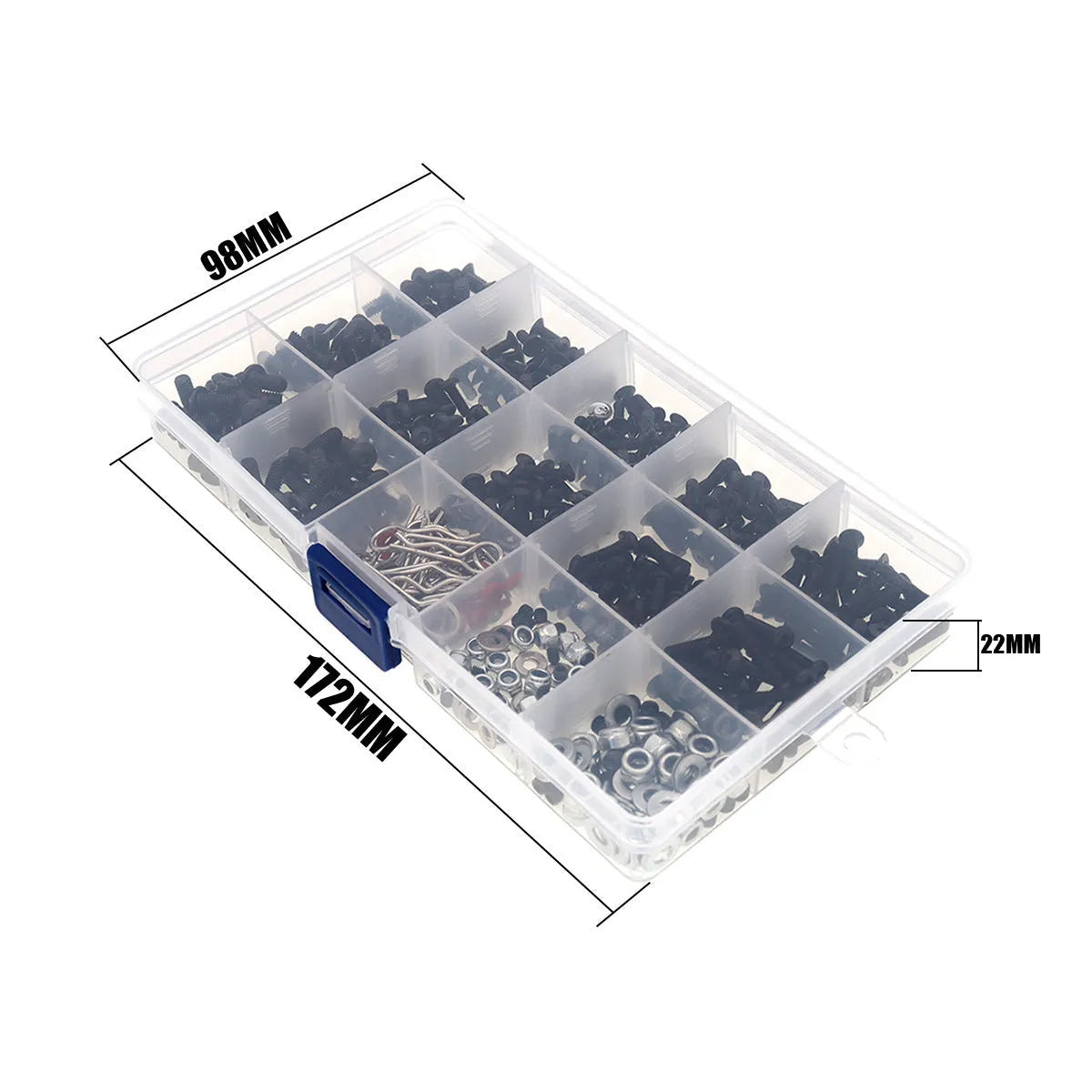 Metal and plastic screw box set with 500 pieces and three small wrenches for 1/10 and 1/8 RC cars
