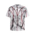 Padded shoulder cotton t-shirt with three-dimensional line patchwork design and round neck