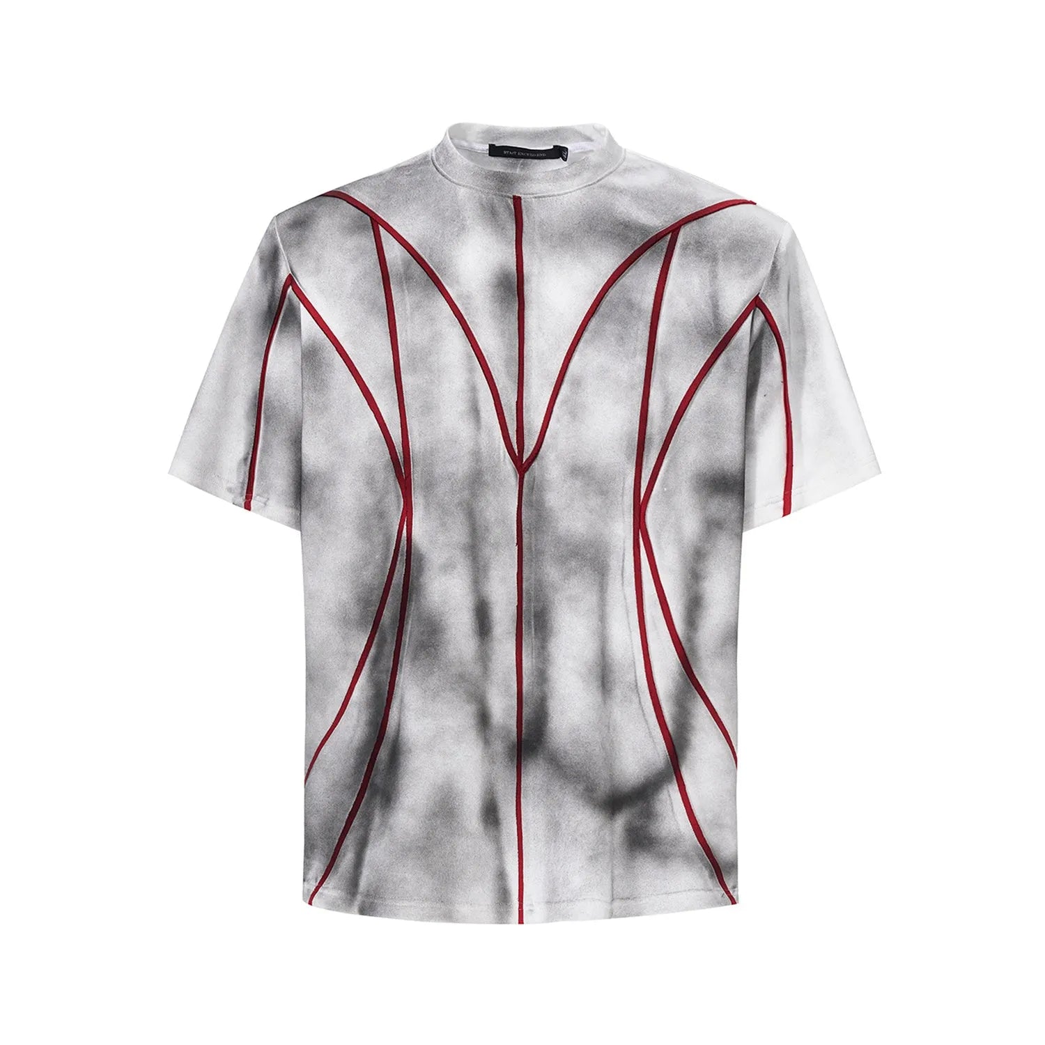 Padded shoulder cotton t-shirt with three-dimensional line patchwork design and round neck