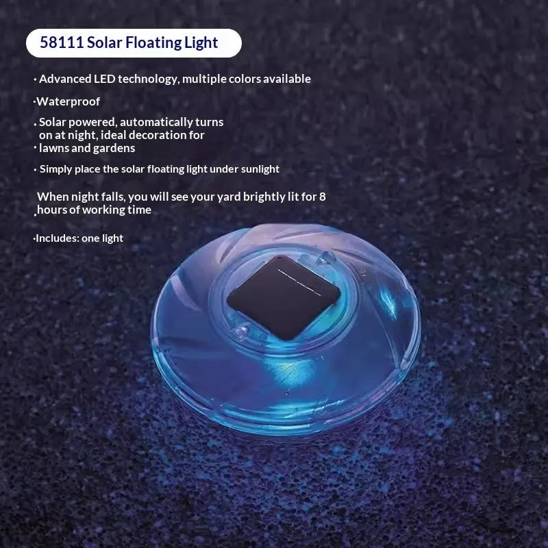 Bestway 58111 solar floating light floating on water surface in outdoor pool at dusk