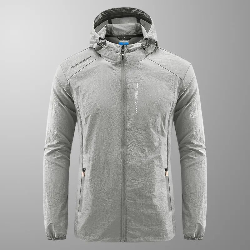 Men's light gray summer hooded jacket with thin nylon fabric and loose fit design