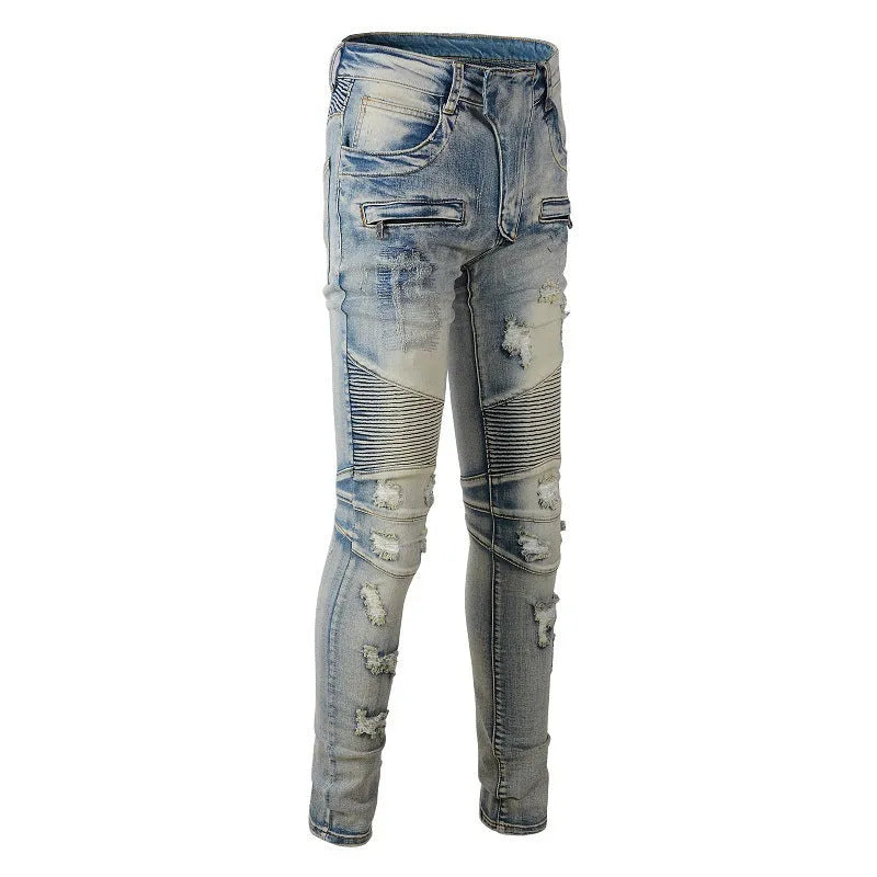 Light blue men's slim fit jeans with hand-frayed distressing on the knees and thighs, featuring a zipper fly and mid-rise waist.