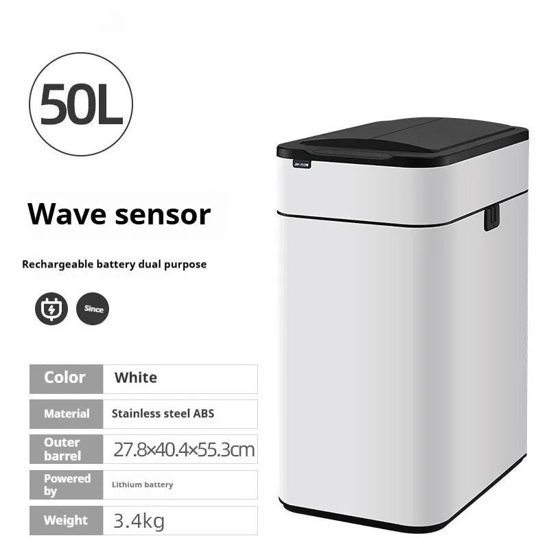 Stainless steel square inductive smart trash can with automatic sensor lid and deodorant function.