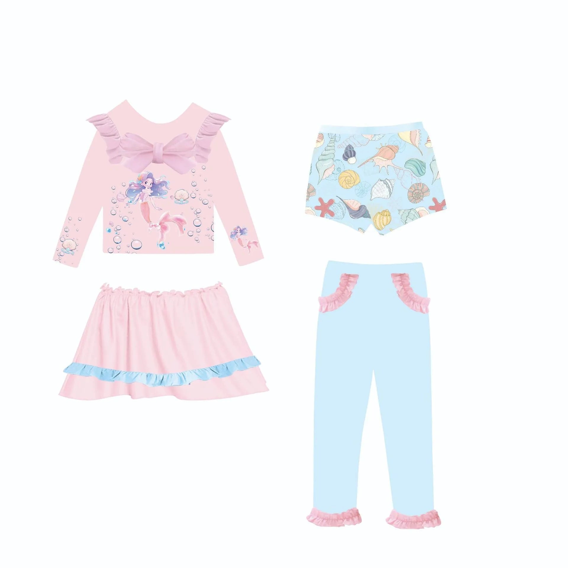 Girl's gilded mermaid swimsuit set with top, skirt, trousers, and shorts in various colours.