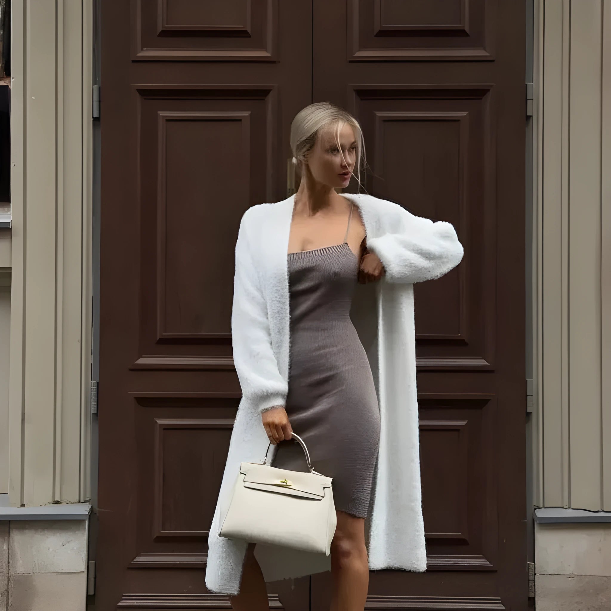 White longline knitted cardigan jacket with long sleeves on a hanger