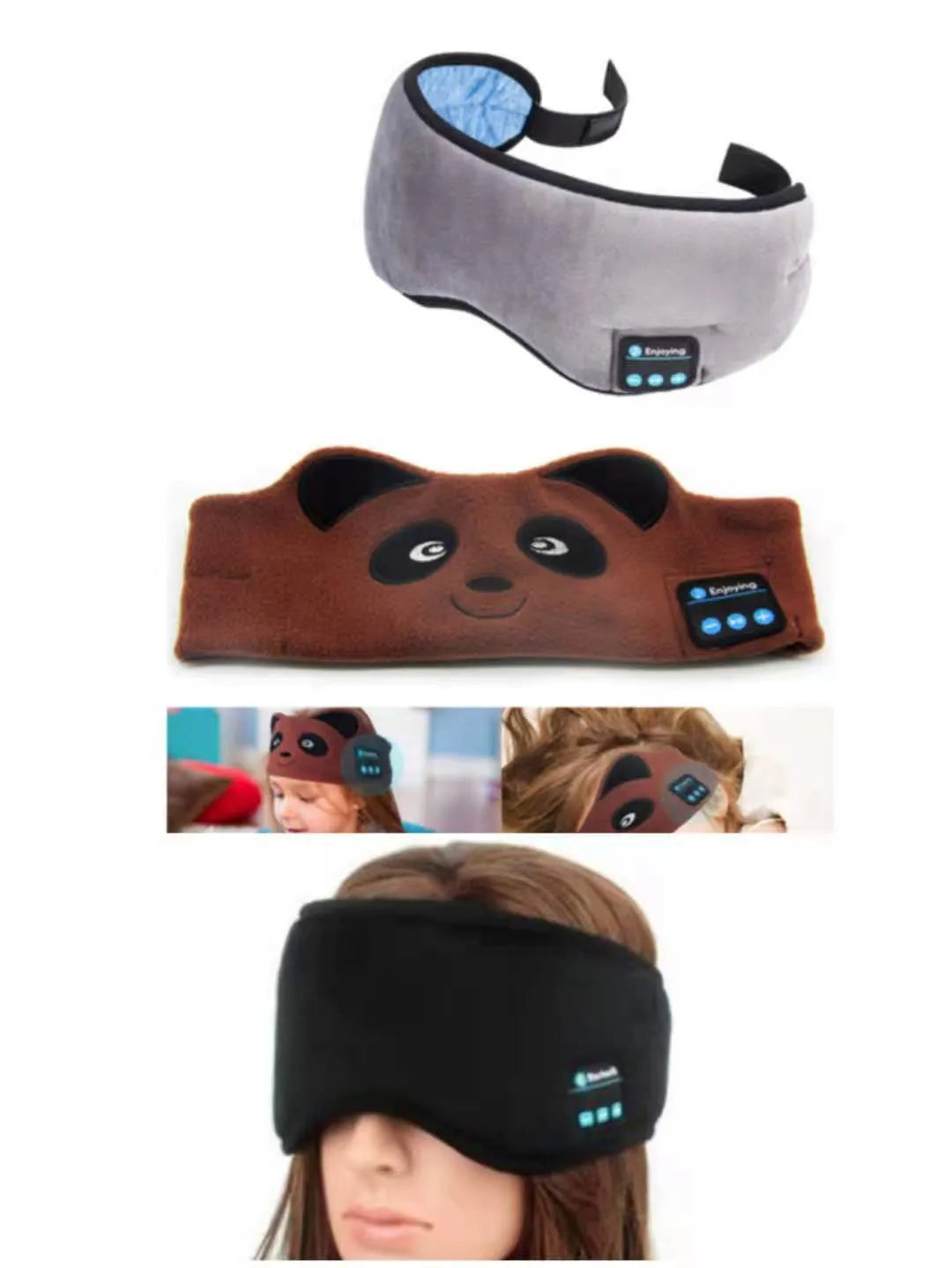 Black Bluetooth sleep eye mask with built-in speakers and soft fabric.