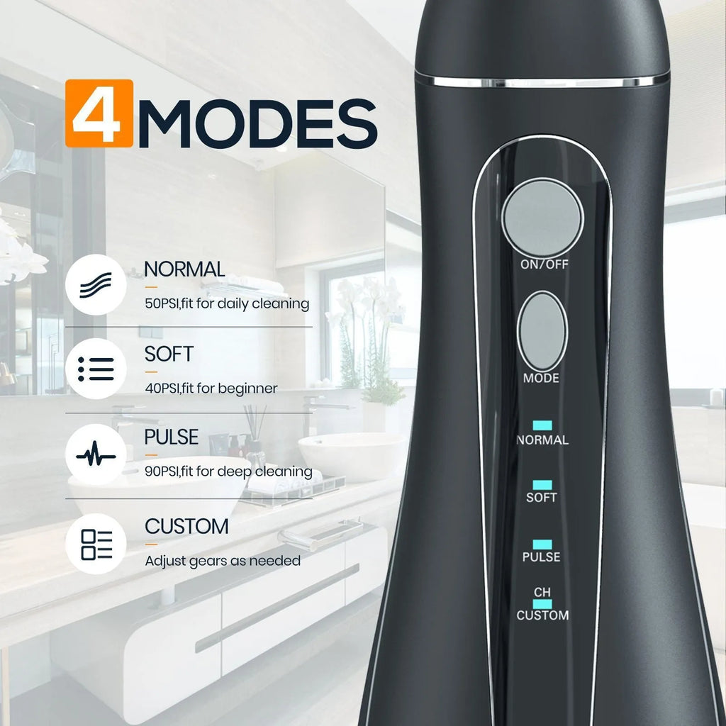 Black portable oral irrigator with water tank and nozzle for dental cleaning