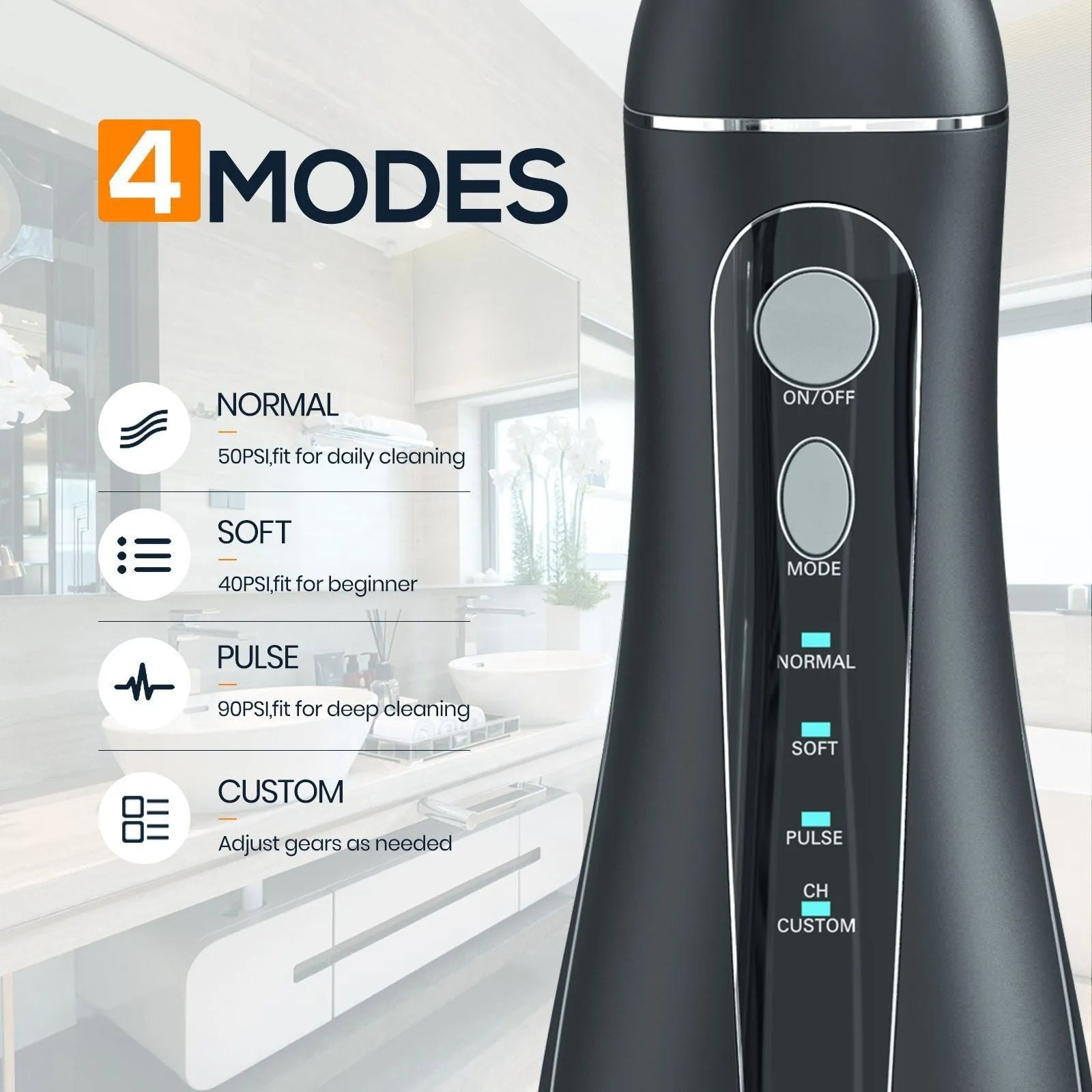 Black portable oral irrigator with water tank and nozzle for dental cleaning