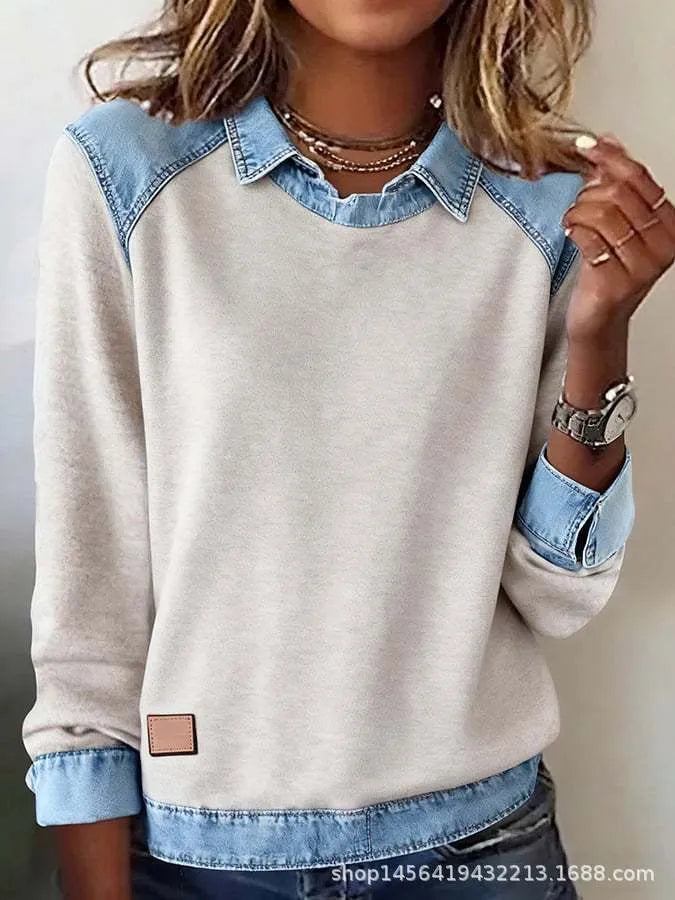 Denim collar long sleeve pullover knitwear top with contrast denim collar, solid colour body, street fashion style