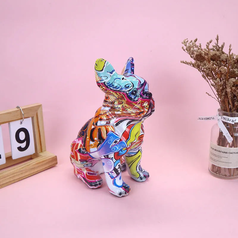 Modern simple resin bulldog statue in graffiti colour on a shelf