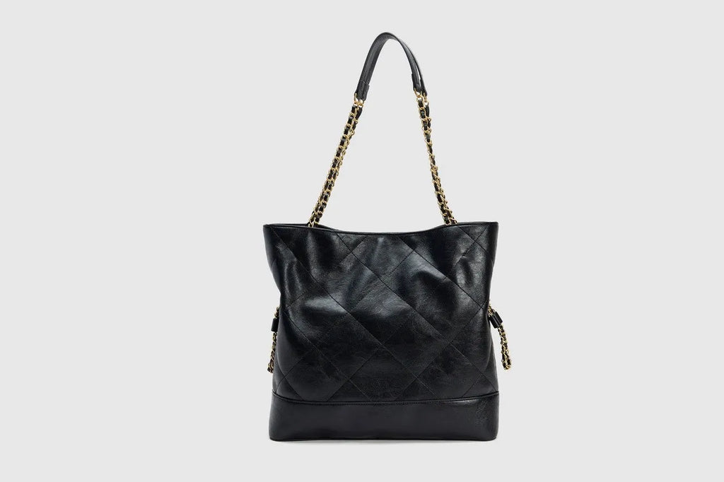 Special design large capacity black PU shoulder handbag with diamond chain detail and double straps