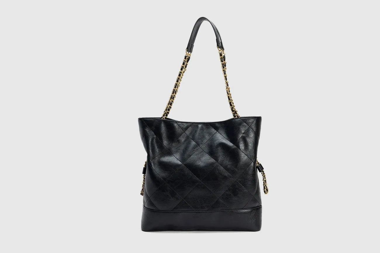 Special design large capacity black PU shoulder handbag with diamond chain detail and double straps